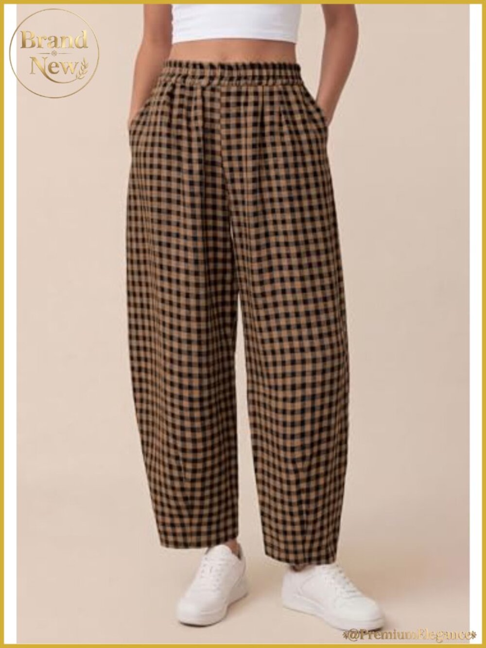 Plaid Barrel Pants Women Wide Leg Elastic Waist Casual - Picture 3 of 6